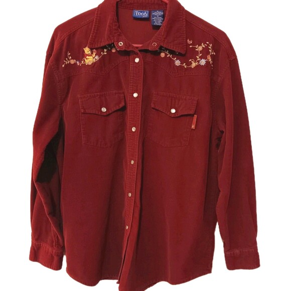 Vtg 90s Winnie The Pooh Embroidered Corduroy Western Snap Shirt Sz M Deep Red - Picture 2 of 12